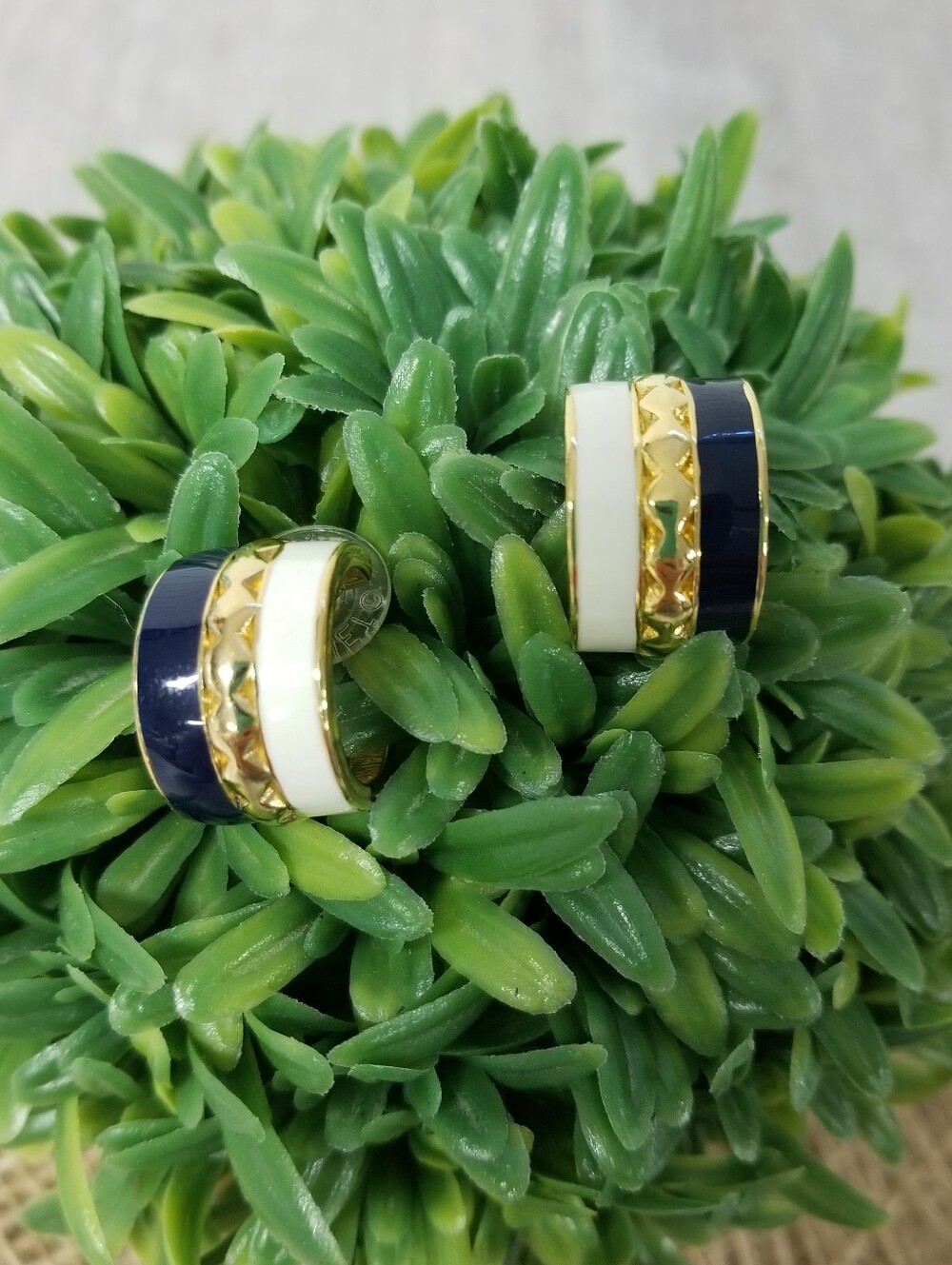 Goldtone ,Navy & White Striped Hoop Earrings